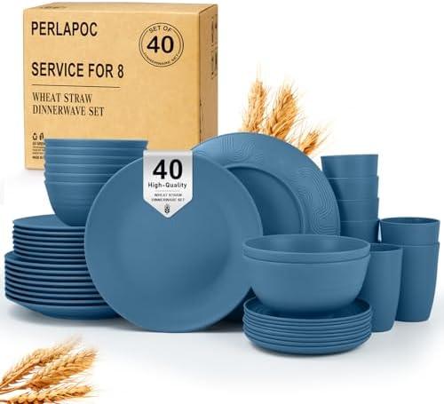 Perlapoc 40-Piece Wheat Straw Dinnerware Sets,Unbreakable Dishes Set for 8 - Drinking Cups, Plates and Bowls Sets, Reusable Microwave Safe Dinnerware Set for Home, Outdooor, RVs - Blue