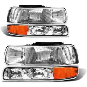 Headlight Assembly for 1999 2000 2001 2002 Chevy Silverado 1500 2500/1500HD 2500HD 3500/2000-2006 Tahoe/Suburban Chrome Housing Amber Reflector PairW/O Bulbs