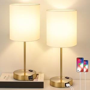 Lynnoland 2 Pack Touch Control Table Bedside Lamps with 2 USB & AC Outlet, 3-Way Dimmable Bedside Nightstand Lamps for Bedroom Living Room Nursery, 800 Lumens 3000K Warmlight Bulbs Included