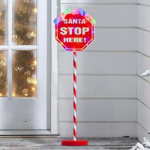 Christmas Santa Stop Here Sign with 30 Multi-color LEDs Battery Operated with Timer Christmas Stop Sign with Base & Stake Xmas Party Landscape Patio Decor