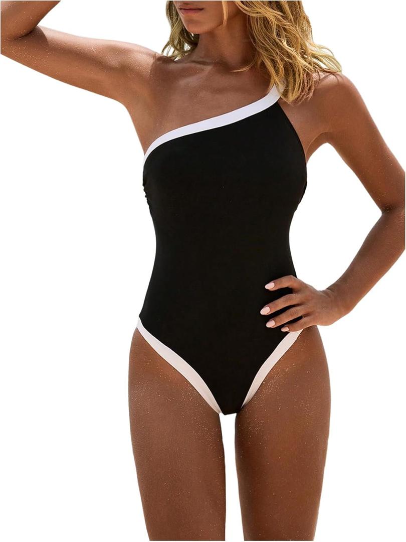 GORGLITTER Women's One Shoulder Monokini One Piece Swimsuit Modest Cheeky Tummy Control Swim Suit Bathing Suit Swimwear, Small