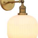 Pathson Modern Wall Sconce Lamp Milk White Round Glass, Hardwired Frosted Vintage Wall Vanity Light Fixture for Farmhouse Living Room Bedroom Bathroom Loft (Brass)
