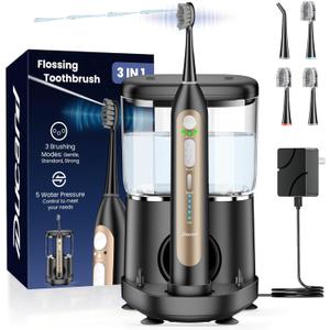 Electric Toothbrush with Water Flosser, Upgrade Flossing Toothbrush Combo with 3 Brush, 5 Floss Speeds& 3 Brush Modes, 500mL Tank, 30-Day Battery, for Adults & Teens, Gums, Braces-Black