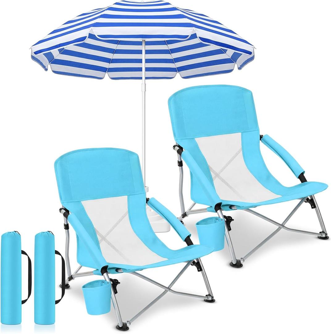 Colingmill 3 Pcs Folding Beach Chairs with Umbrella, Low Outdoor Chairs for Adults with Cup Holders and Carry Bags, Portable Set with 61 Inch Shade Canopy, 300 lbs Capacity(Light Blue), 27.6" x 6.5" x 6.7"