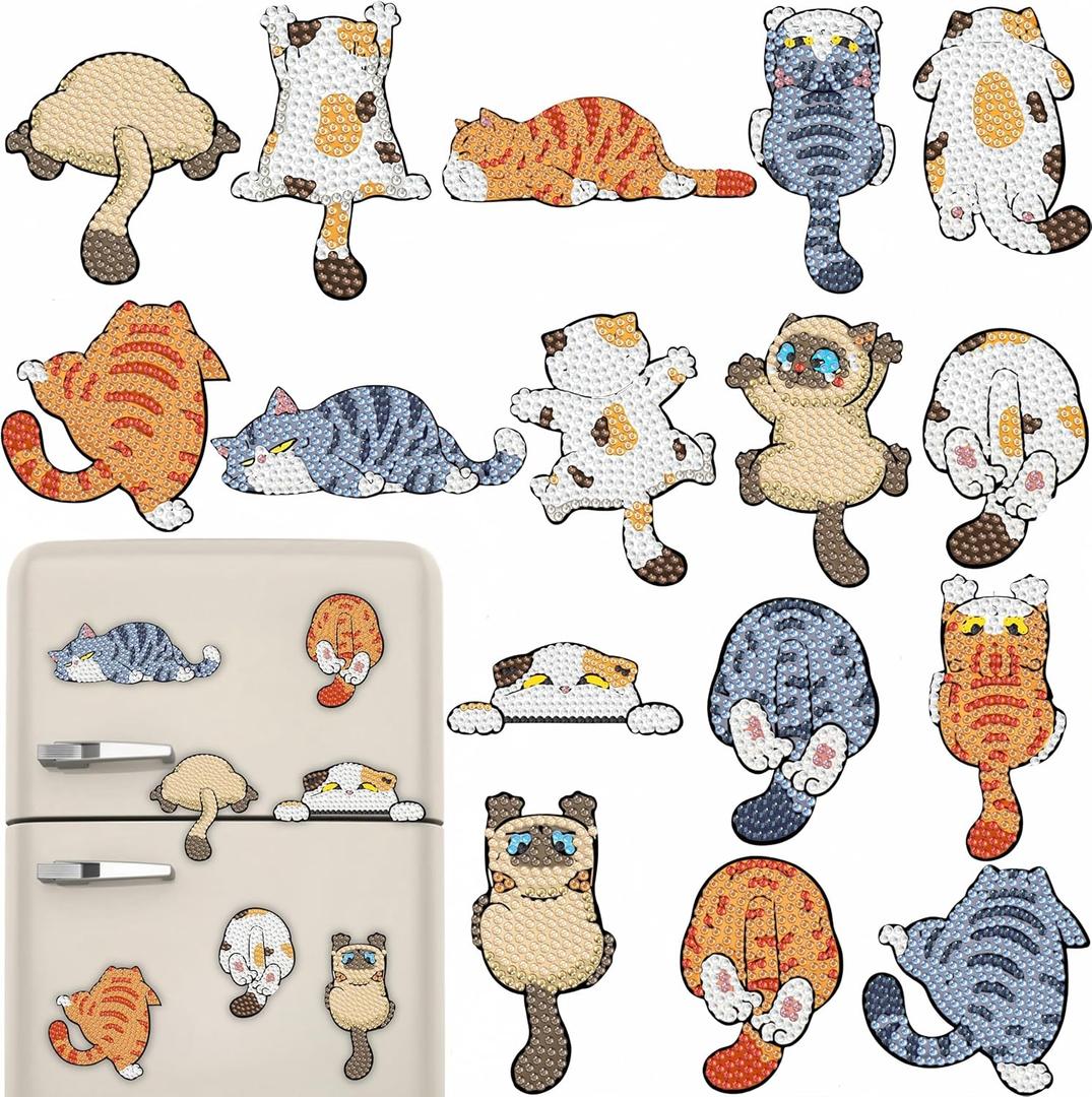 16 Pcs Cat Diamond Painting Magnets Kits,Funny Diamond Art Fridge Magnet Refrigerator Sticker Diamond Painting kit for Beginners Adults DIY Art Craft Gifts Home Decors (Funny Cats)