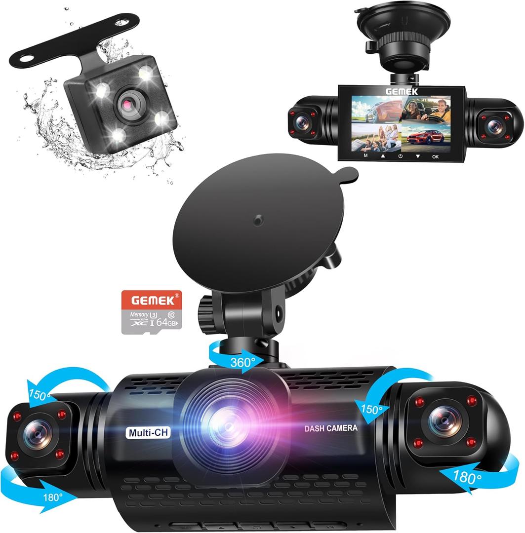 360 Degree View 4 Channel Dash Cam Front and Rear Inside Left Right, GEMEK Dash Camera for Cars FHD 1080P Free 256GB TF Card, Multi-Ch Dash Camera for Cars,Night Vision, 24H Parking Mode (3.25 inches)