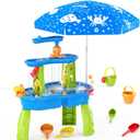 HYES Water Table for Toddlers 3-5, 3-Tier Kids Splash Sand Table Water Toys with Umbrella, Rain Showers Splash Pond for Outdoor Beach Backyard Summer, Activity Sensory Playset for Boys Girls, Blue