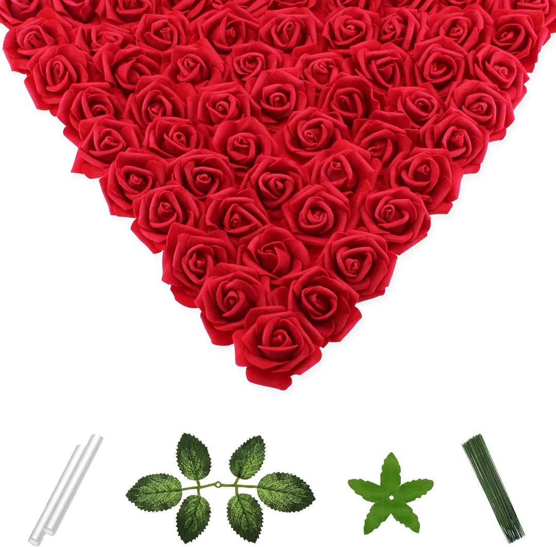 Vignor 100 Pcs 2 Inch Artificial Flowers Faux Foam Fake Rose Head Bulk for Home Decor Wedding Decoration Bridal Shower Wall Table Centerpiece Arrangement DIY Craft (Rose Cherry Red)