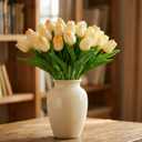 20Pcs Stems 13.5 Inch Champagne PU Artificial Moisturizing Tulips, Faux Tulips Flowers for Thanksgiving Christmas Decorations Wedding Home Table Vase Floral Arrangements