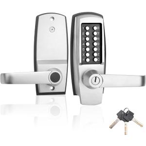 Keyless Entry Door Lock with Handle - Mechanical Door Lock 100% Without Batteries - Easy to Install & Use - Keypad Lock on Zinc-Alloy, Water and Sun Proof for Indoor or Outdoor (Stainless Steel Color)