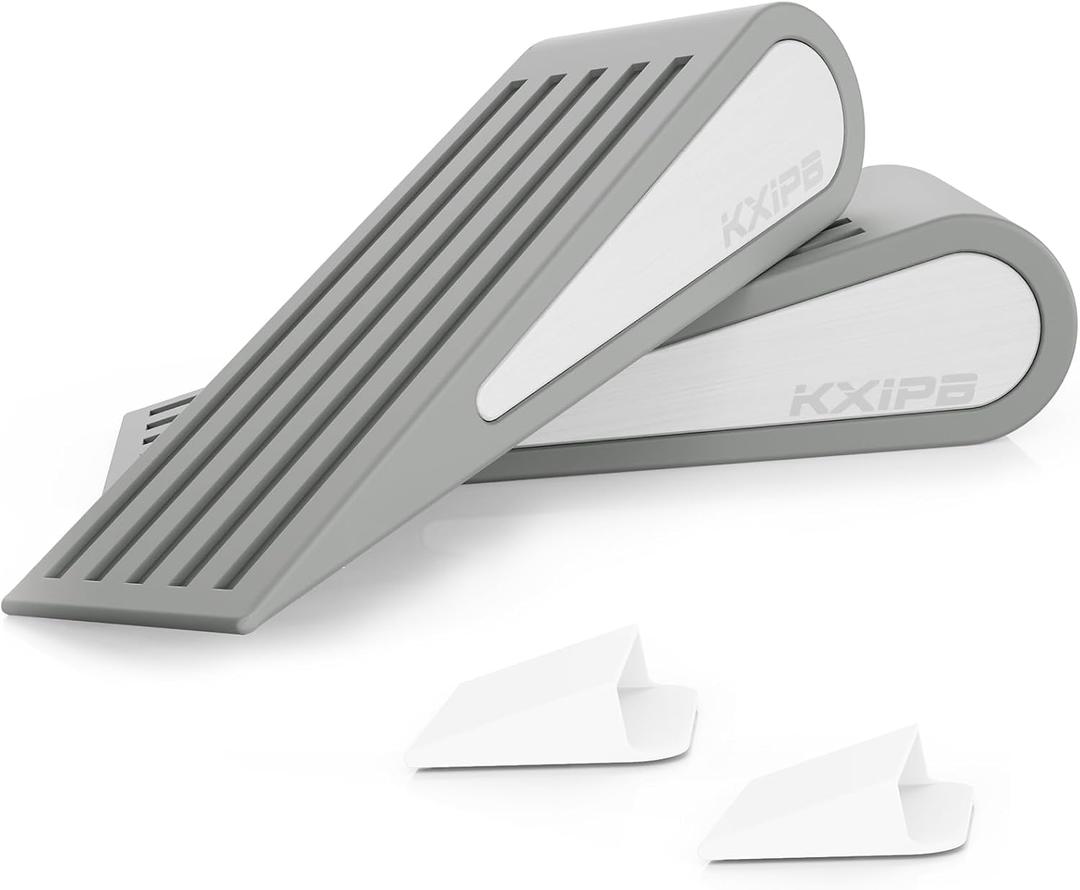 2 Pack Rubber Door Stopper Wedge - Grey Non-Slip Soft TPR High-Elastic & Zinc Alloy Metal Material Door Stops for Bottom of Heavy Duty Door Wall Protector for Home & School with Self Adhesive Holder (Gray)