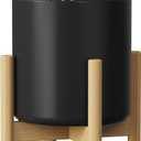 8 Inch Ceramic Planter with Wood Stand, Mid-Century Modern Minimalist Design Plant Pot with Drainage & Luxurious Stand for Indoor Home Decor (Black)