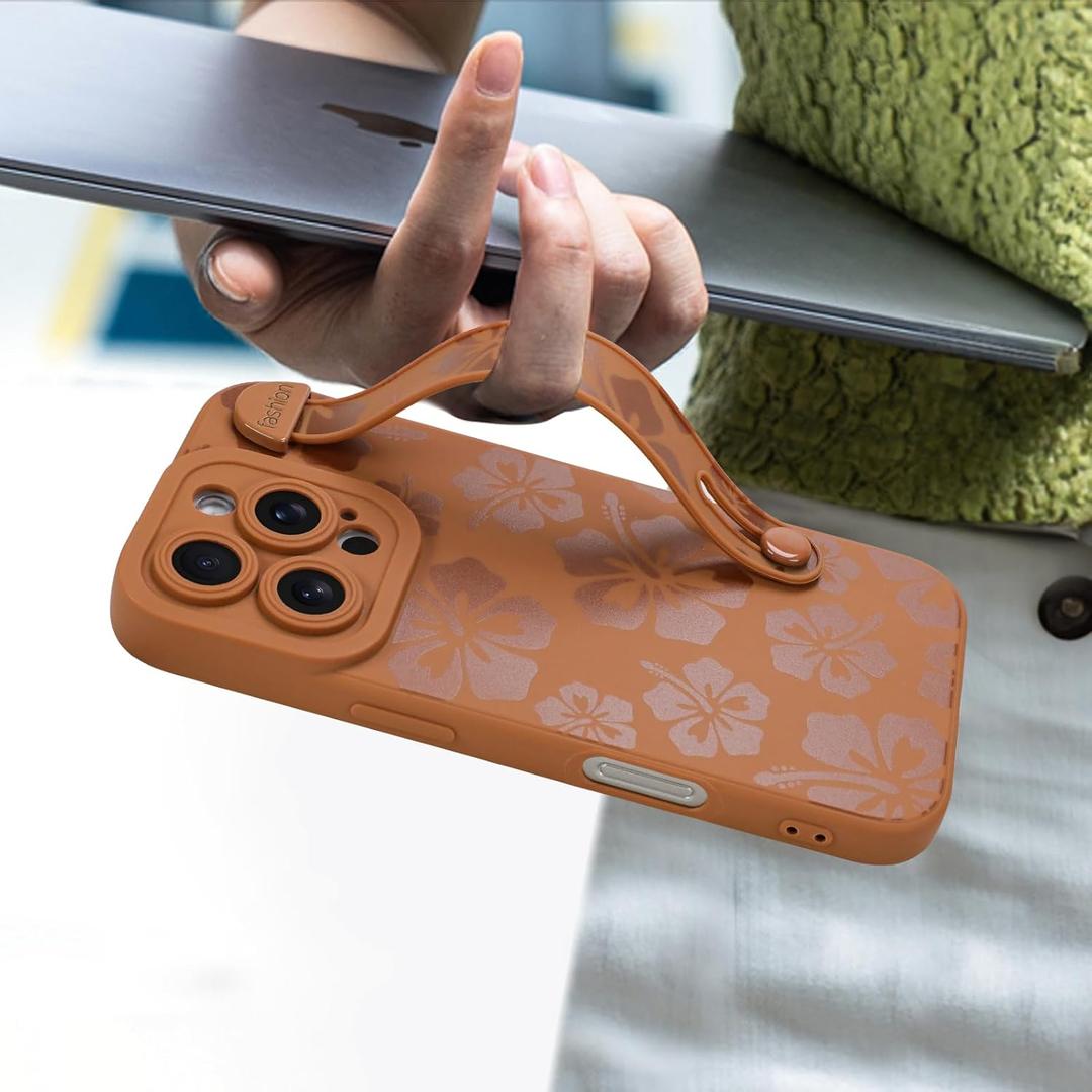 Fiyart Designed for iPhone 16 Pro Case Cute Flowers with Strap Soft TPU Phone Cover Protective Camera Lens Protection for Women Men Floral Bumper with Stand 6.3"-Brown