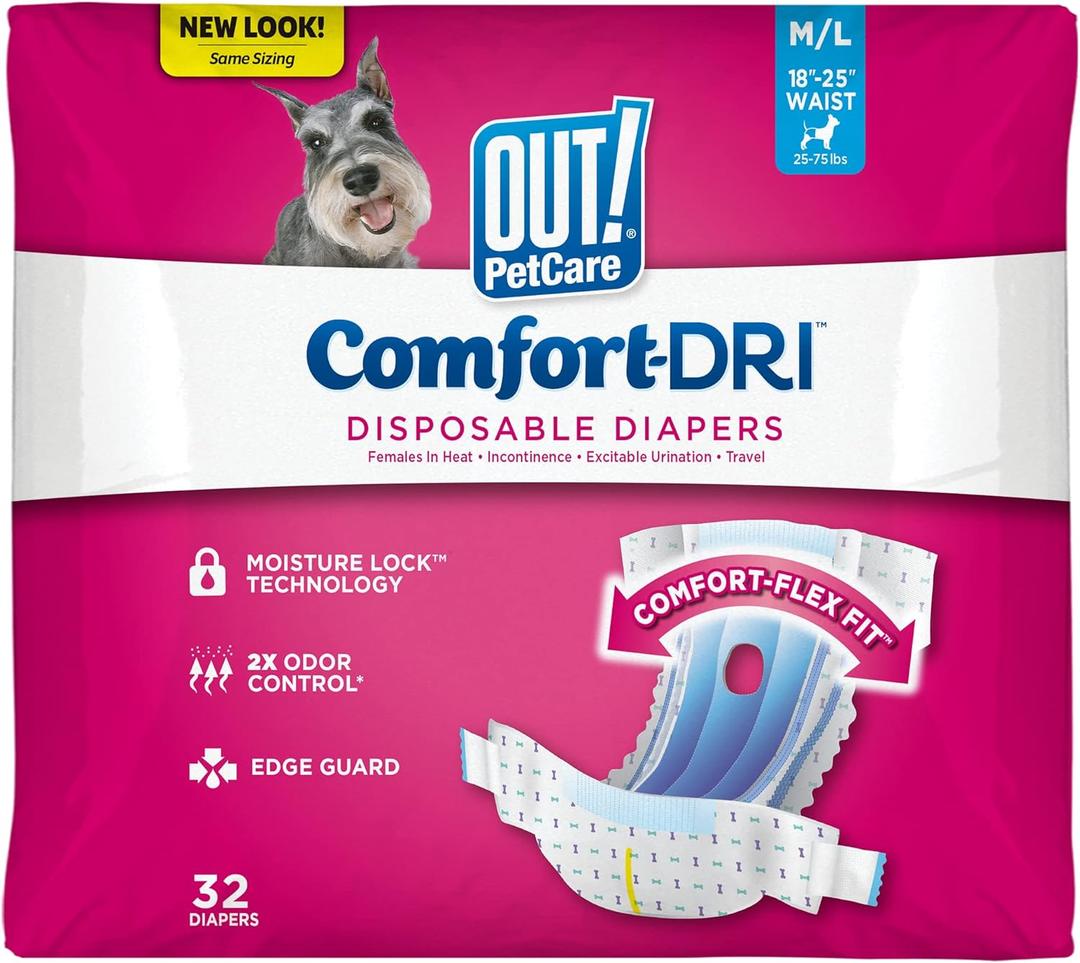 OUT! Petcare Disposable Dog Diapers, Female Dog Diapers, Incontinence Protection for Dogs, Heat Cycle Protection, Puppy Training Solution, 18-25 Waist, Medium/Large, 32 Count