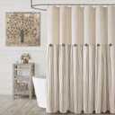 Farmhouse Shower Curtain Linen Beige Button Woven Fabric Country Rustic Western, Pleated Beige Stripe 72" W x 75" L