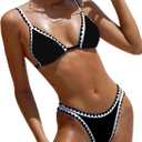 BIKINX Womens Swimsuits Sexy Thong Micro Bikini Ditsy Floral Two Piece Sets Bathing Suit Color Block Bandeau Swim Top (2-4, 2pcs Solid Black)