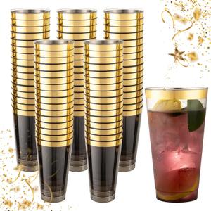 LIYH 100 Pcs Gold Plastic Cups - 16 oz Clear Black and Gold Rim Plastic Wine Cups Big Size Fancy Disposable Wine Glasses Party Cup Beverage Drinking Cup for Party & Wedding