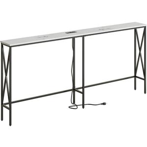 Masupu 70.9" Console Table with Power Outlet, Modern Narrow Long Sofa Table Behind Couch, Skinny Entry Table, Industrial Sofa Table with Metal Frame for Hallway, Living Room, White and Black