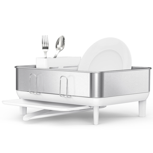 simplehuman Compact Dish Drying Rack with Stainless Steel Frame, 360 Easy Drain Swivel Spout, Utensil Holder, Anti-Residue Coating, Moisture Control Surface, Silver