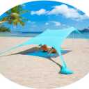 Beach Tent Sun Shelter, 10 x 10 FT Beach Canopy Tent Sun Shade with 4 Sandbags, 2 Poles,Elastic Cords, Sand Shovel + 4 Ground Pegs UPF50+ Beach Shade Canopy for Outdoor Camping, Fishing