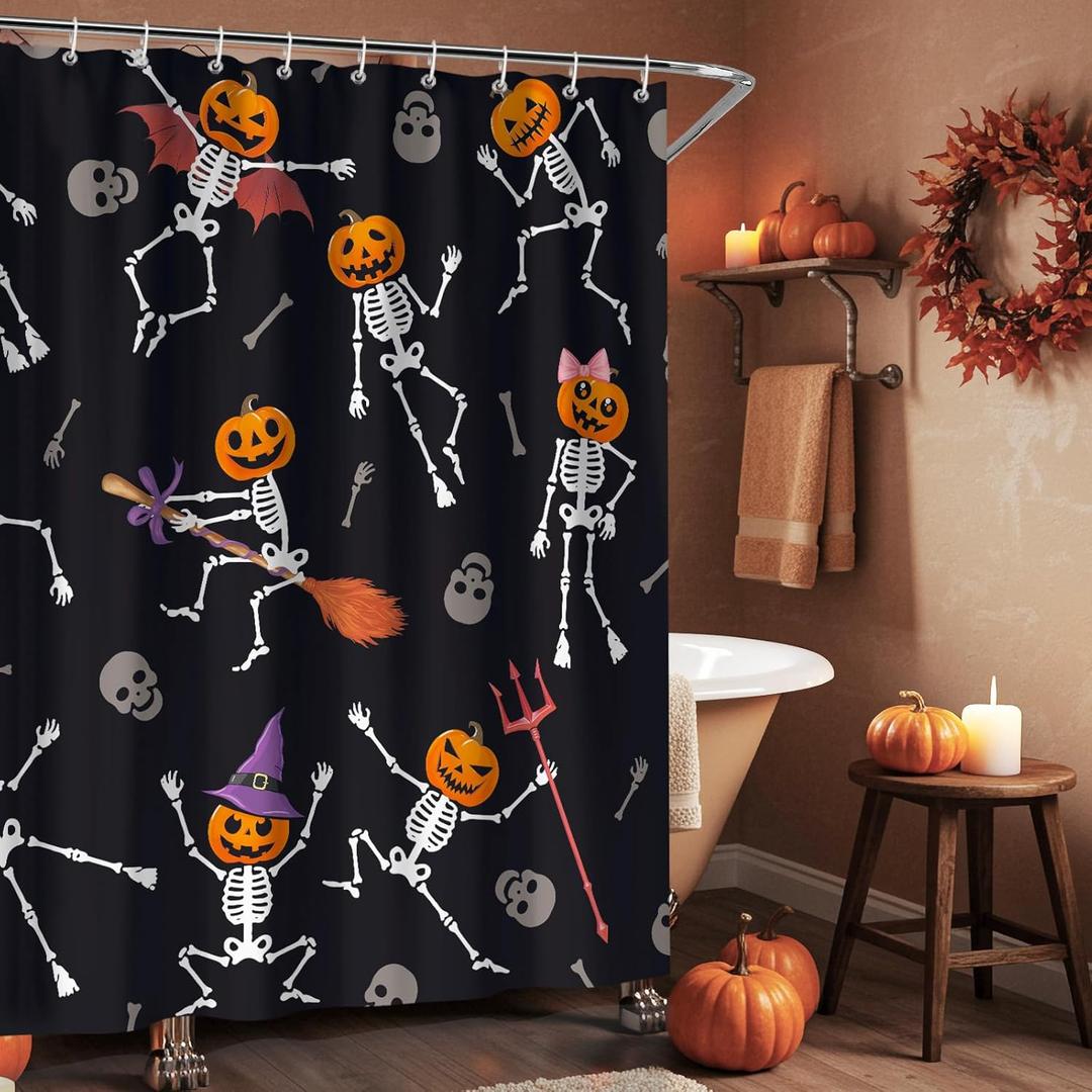 Black Halloween Shower Curtain Pumpkin Skull Bathroom Shower Curtain Decor Bathtub Decoration 72x72 in Polyester Fabric with 12 Hooks