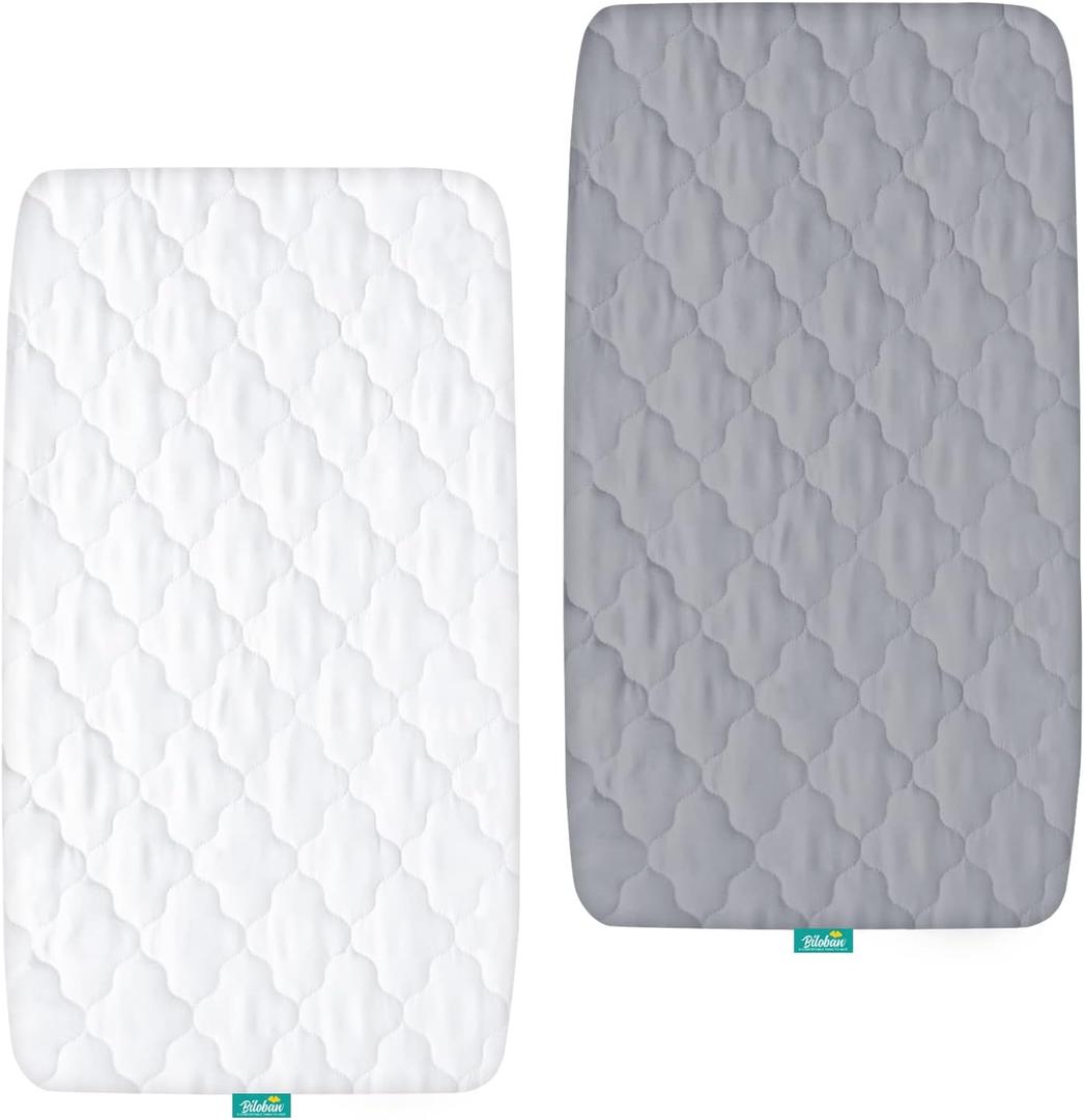 Bassinet Mattress Pad Cover Waterproof, Quilted Mattress Protector Sheets Fits All Mainstream Bassinet - Rectangle, Oval, Hourglass, 2 Pack, 17'' x 33'', Ultra Soft Breathable, White and Grey
