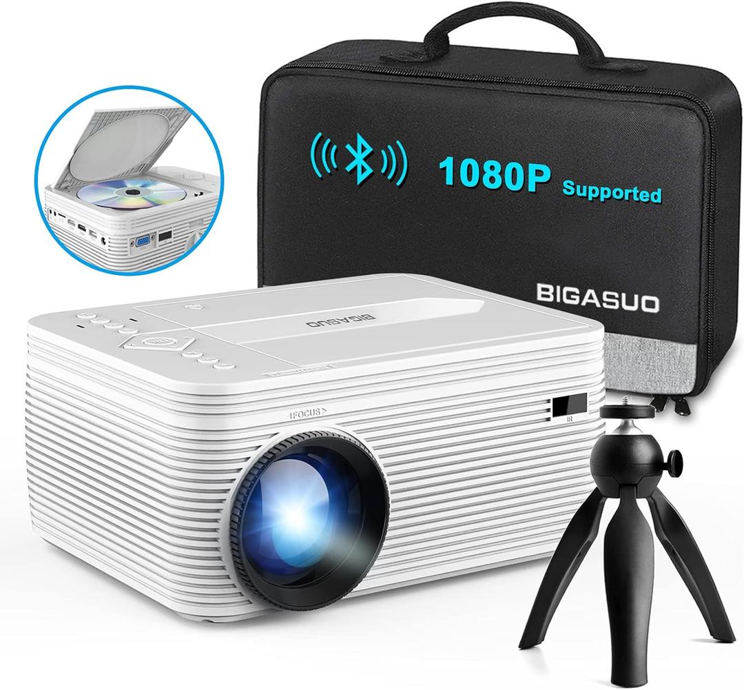 BIGASUO HD 9000L Bluetooth Projector Built in DVD Player, Mini Projector 1080P and 250Supported with Tripod/ Carry Bag, Projector Compatible w/ TV Stick, PS5, Laptop, Portable Outdoor Movie Projector