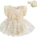 Douhoow Baby Girl Romper Dress Baby Dress Romper Flowers Lace Infant Girl Spring Summer Clothes with Headband, 9-12Months
