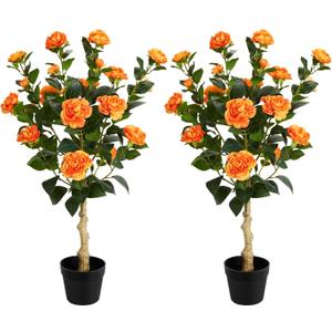 3FT Artificial Camellia Tree, 2 Pack Fake Camellia Tree Artificial Tree, Faux Floral Plants in Cement Pot, Greenery Potted Plant for Indoor Outdoor Home Office Porch Decor (Orange)