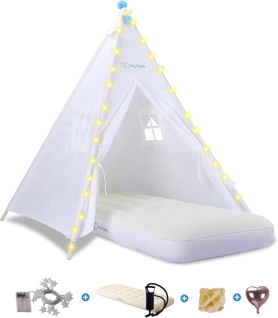 Teepee Tent for Kids with Inflatable Airbed, String Lights, Balloons, Pump, Washable Slumber Party Tent Indoor Outdoor for Girls Boys, Children Tipi Playhouse for Playtime and Sleepover (1 Pack, White)