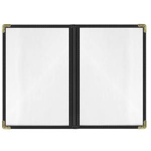 25 Pack Menu Covers 5.5" x 8.5" - Black 2-Page (4-View) Side-Loading Vinyl Double-Stitched Edge, Covers with Clear Sleeves & Metal Corners for Restaurants, Cafes & Diners