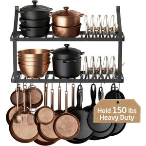 KES 150 lb High-Capacity Pot Rack Wall Mounted with Pot Lid Holder, 34 Inch Heavy-Duty Pots and Pans Hanging Rack with 20 Hooks, Drilling Template Provided for Easy Install, Matte Black, KUR528S88-BK