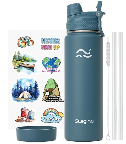 Swigina [2IN1 LID] Insulated Water Bottle with Silicone Boot (36hrs Cold/18hrs Hot)  DIY Stickers, Leakproof, BPA Free, 24 oz