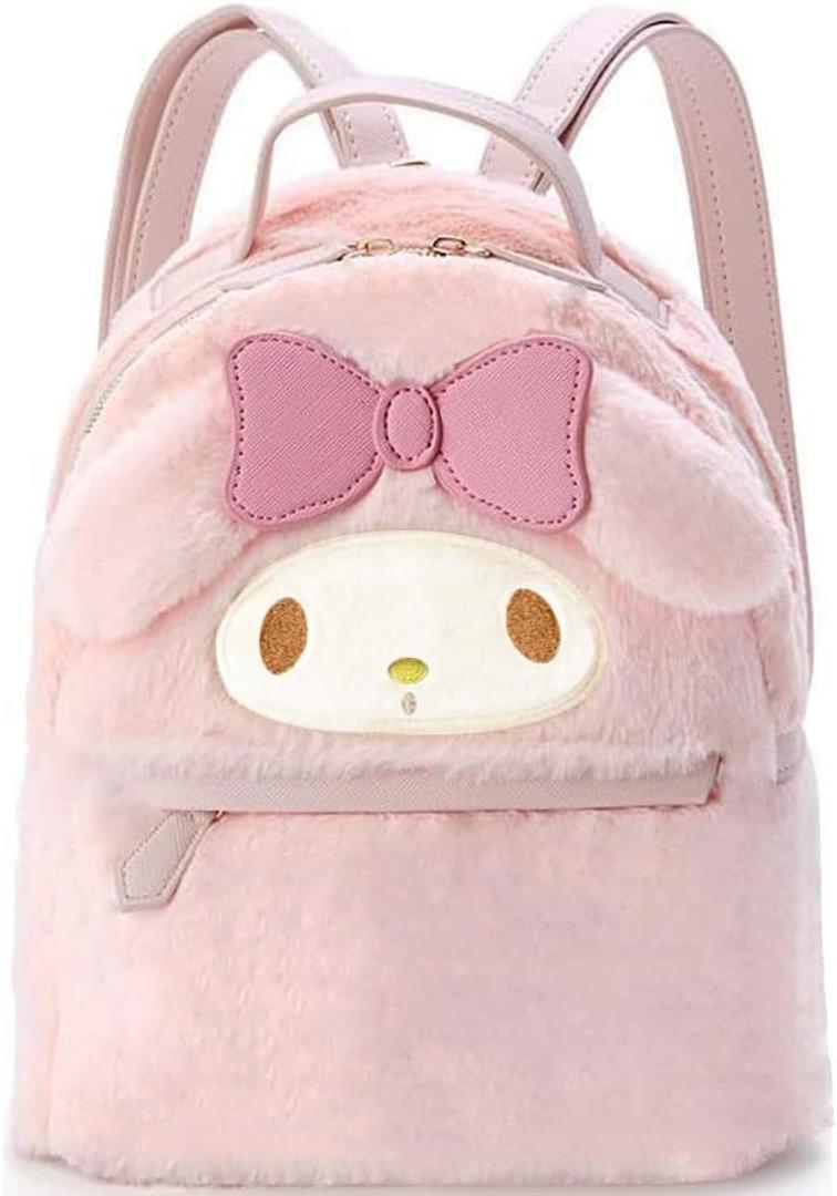 trettitre My Melody Small Cute School BagPink Furry Fabric with Bow Design,My Melody Plush Mini Backpack,Adorable Bag Handbag for Girls Kids Fans Birthday Present School Supplies