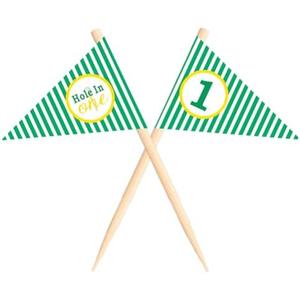 VOWFOO Golf Themed Toothpick Flags, 20 PCS Hole In One 1st Birthday Golf Cocktail Picks Mini Stick Cupcake Toppers Flags for Baby 1st Birthday Party Food Bar Decorations (Stripe Hole In 1) Pack of 2