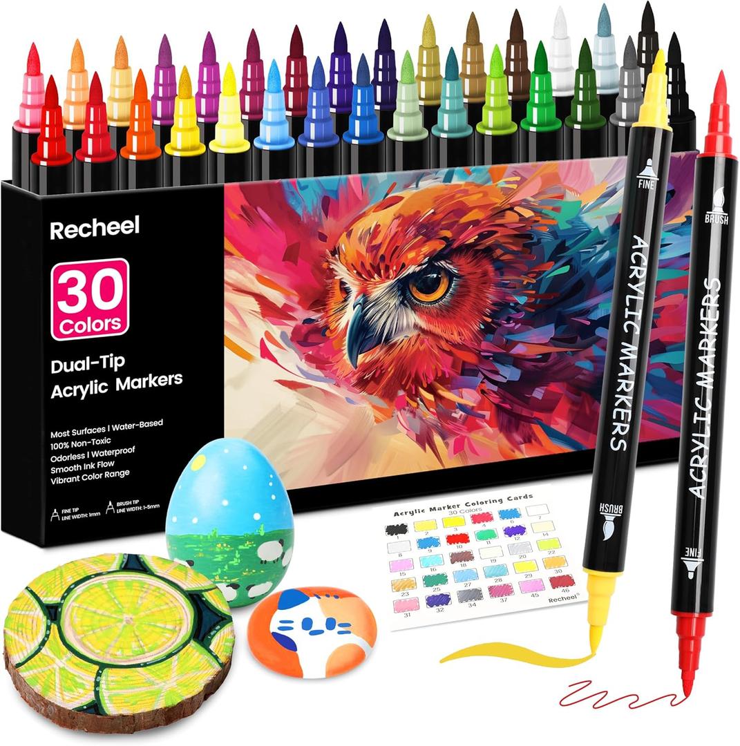 Recheel 30 Colors Acrylic Paint Markers, Dual Tip Fine and Brush Tips for Detailed Art, Crafting, Rock Painting, Wood, Glass, Ceramic, and More