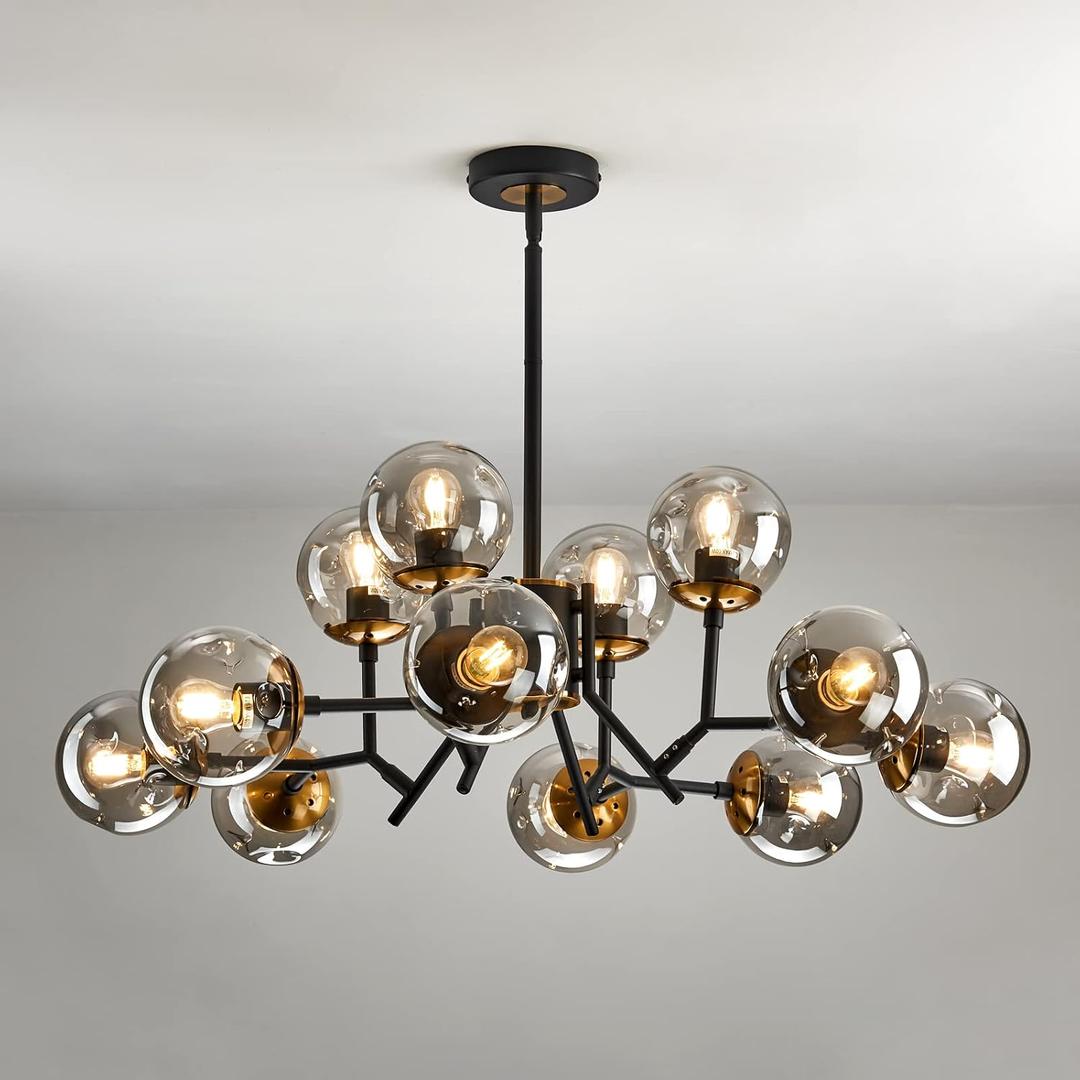 UOFUS 12-Light Glass Globe Sputnik Chandelier Mid-Century Modern Matte Black and Gold Ceiling Light Fixture Vintage Hanging Pendant Light for Bedroom Living Room Kitchen Farmhouse Dining Room