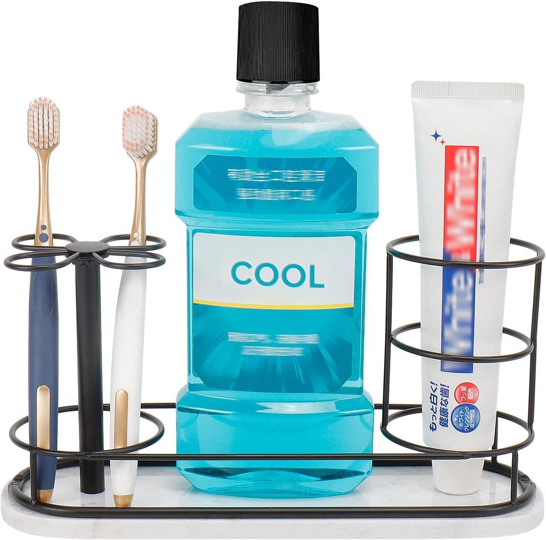 HarJue Toothbrush Holder Stand for Bathroom, Metal Toothbrush Organizer with Marble Base, Toothbrush Storage Collection for Family, Suitable for Home Hotel Countertop Vanity (Large, Matte Black)