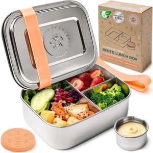 Everusely - Bento Box - Orange, 27oz / 0.8 L - Stainless Steel Lunch Box with Leakproof Condiment Container - 3 Compartment Snack Organizer for On the Go Meals - Freezer & Dishwasher Safe