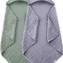 2 Pack Hooded Baby Towels - 100% Muslin Cotton for Newborns, Infants, Toddlers - Large 32x32Inch Size - Highly Absorbent and Essential for Newborn Care, Green and Grey