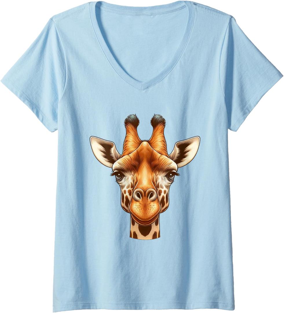 Womens Giraffe Head Graphic V-Neck T-Shirt