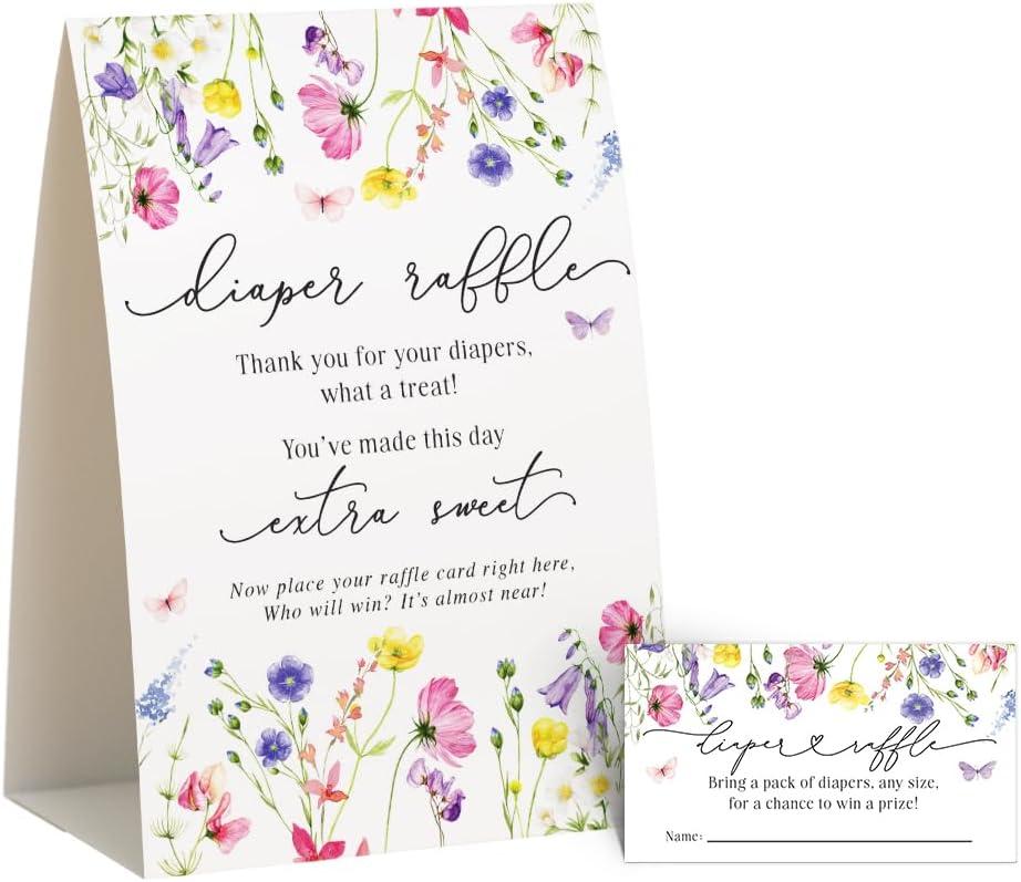 Your Main Event Prints Wildflower Baby Shower Games Diaper Raffle Cards Set, Self-Standing Sign with Matching Raffle Cards, Floral Wild Flower Baby