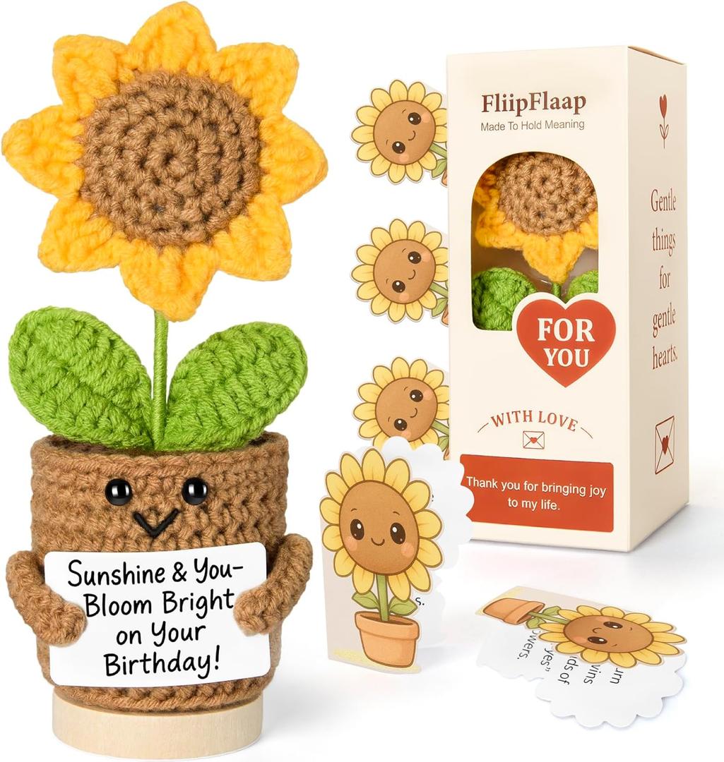 Funny Sunflower Birthday Gift  Handmade Crochet Plush with 30 Sassy Affirmation Cards  Unique Keepsake & Desk Decor for Women, Friends, Coworkers, Sisters or Classmates for Her or Him (Brown)