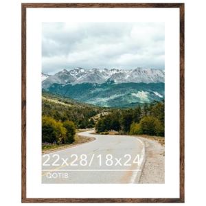 QOTIB Wood 22x28 Picture Frame with 18x24 Mat, Display 18x24 with Mat or 22x28 Without Mat, Wood 22 by 28 Photo Frame, 22 x 28 Frame for Wall Hanging Display, Deep Brown