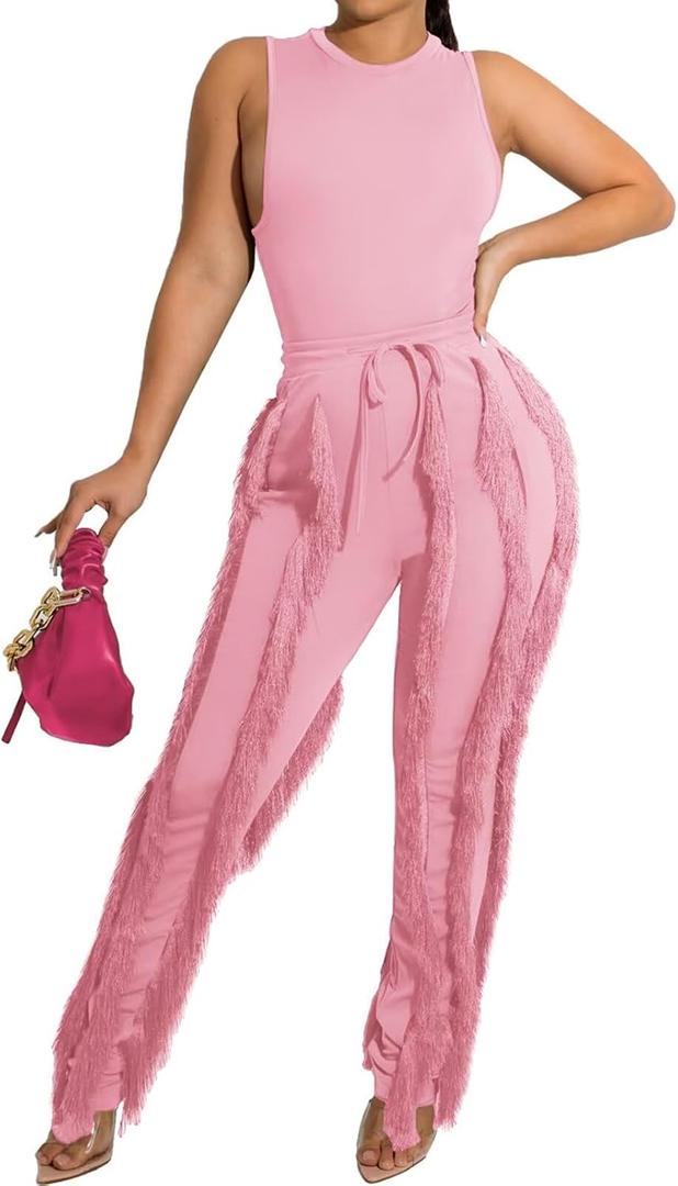 EDITCOZY Women Sexy Two Piece Outfits Fringe Pants Set Tassel Club 2 Piece Sets Going Out Birthday Party Night, Size: XX-Large