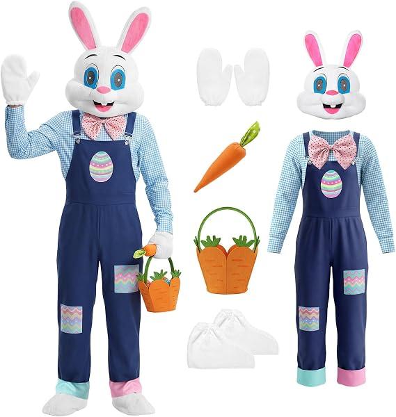 Adult Easter Bunny Costume, Deluxe Rabbit Plush Mascot Outfit with Head, Plaid Shirt, Overalls, Medium