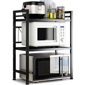 DOLALIKE Microwave Oven Rack, Expandable Microwave Stand Countertop Kitchen Utensils Tableware Storage, Carbon Steel Over Microwave Shelf Countertop with 3 Hooks