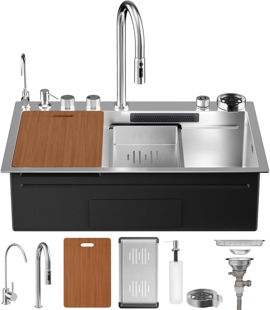 33 Inch Kitchen Sink 16 Gauge 304 Stainless Steel Workstation Deep Single Bowl Waterfall Kitchen Sink, Handmade Smart Sink with Accessories, 33"x22"x10"