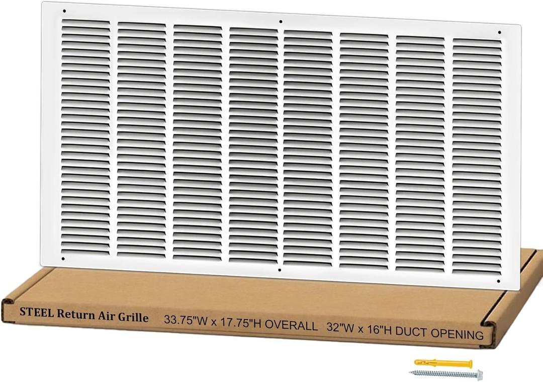 32"W x 16"H Return Air Grille [Duct Opening Size], Steel HVAC Return Air Vent Cover for Wall & Ceiling, White Powder-Coated Rust-Resistant AC Cold Air Return, Outer Dimensions 33.75"W x 17.75"H