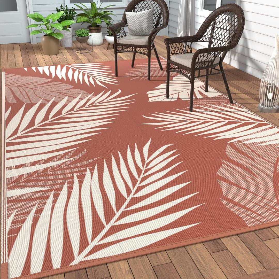 GENIMO Outdoor Rug 10' x 14' Waterproof for Patios Clearance, Reversible Plastic Straw Camping Carpet, Large Area Rugs Mats for RV, Picnic, Backyard, Deck, Balcony, Porch, Beach, Brick&Red